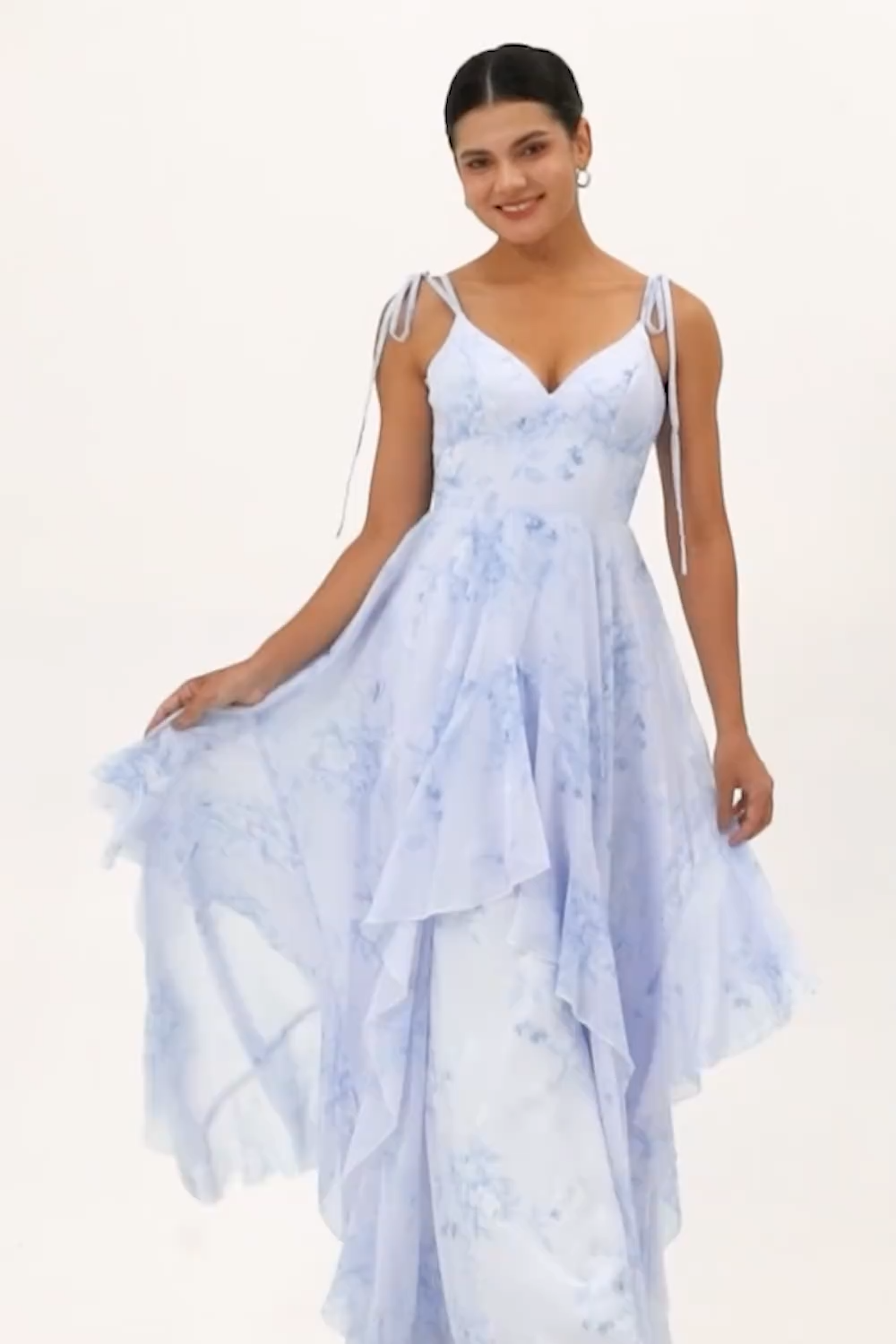 Chiffon Blue Floral Spaghetti Straps Maxi Bridesmaid Dress with Ruffles