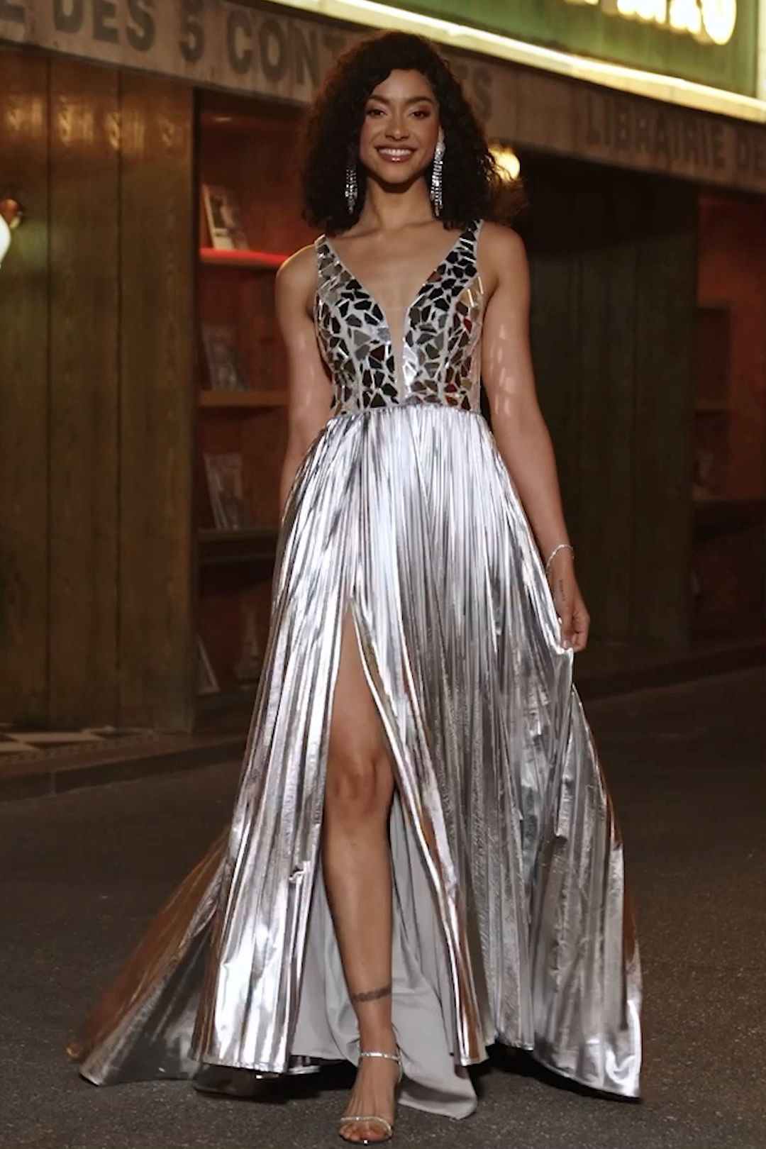 Glitter Silver A Line V Neck Long Prom Dress With Slit