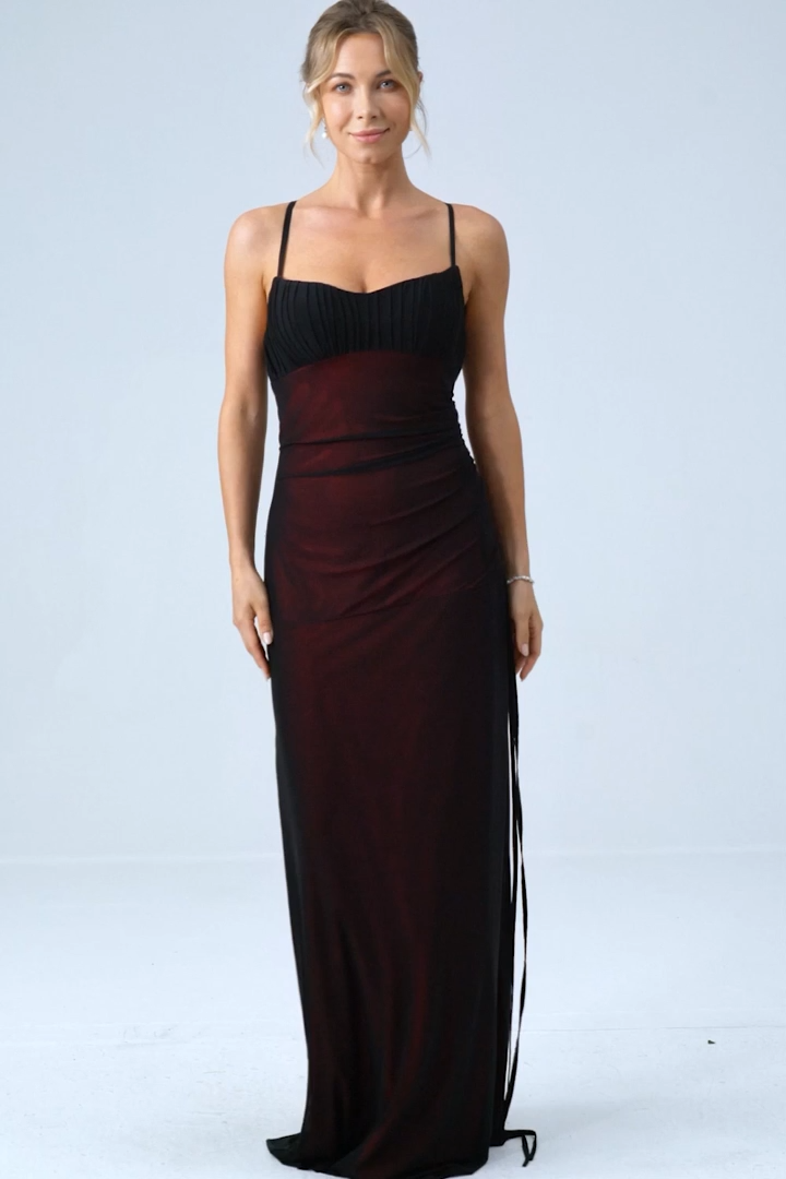 Sheath Spaghetti Straps Black Red Floor Length Bridesmaid Dress