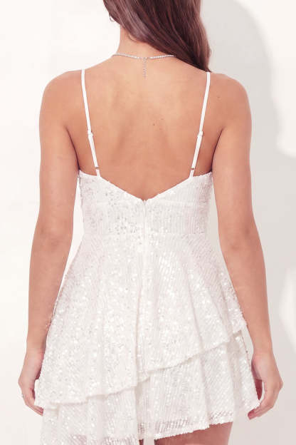 Sparkly A Line Ruffled White Short Graduation Dress