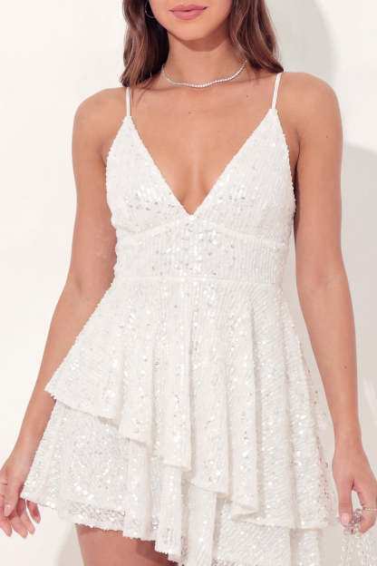 Sparkly A Line Ruffled White Short Graduation Dress