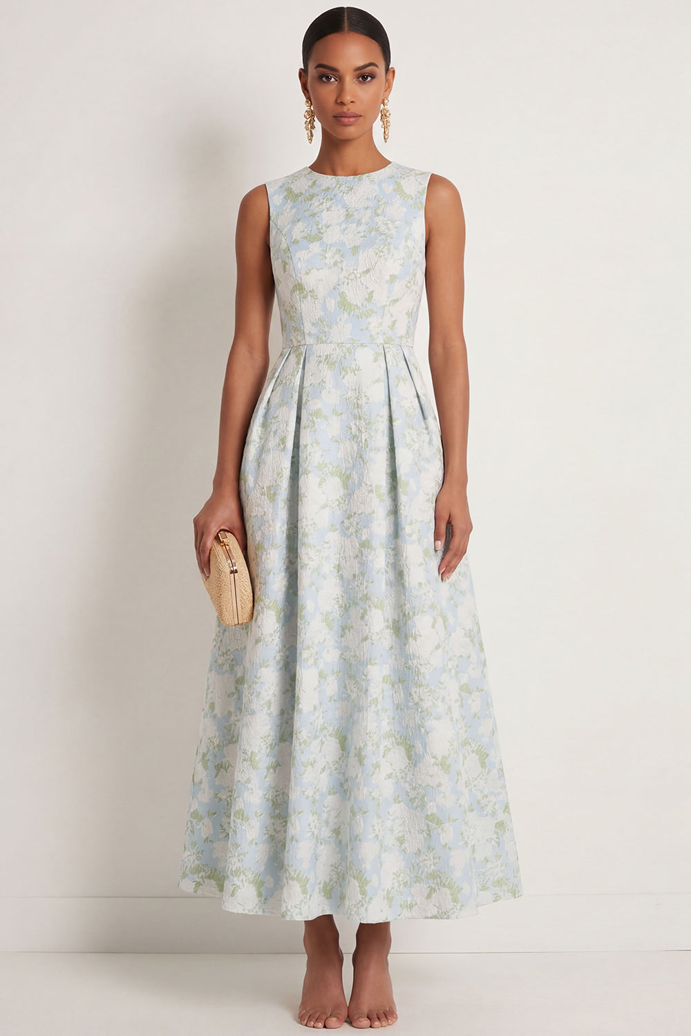 Leely Women White Blue Floral A Line Long Formal Dress Sleeveless Round Neck Wedding Guest Dress