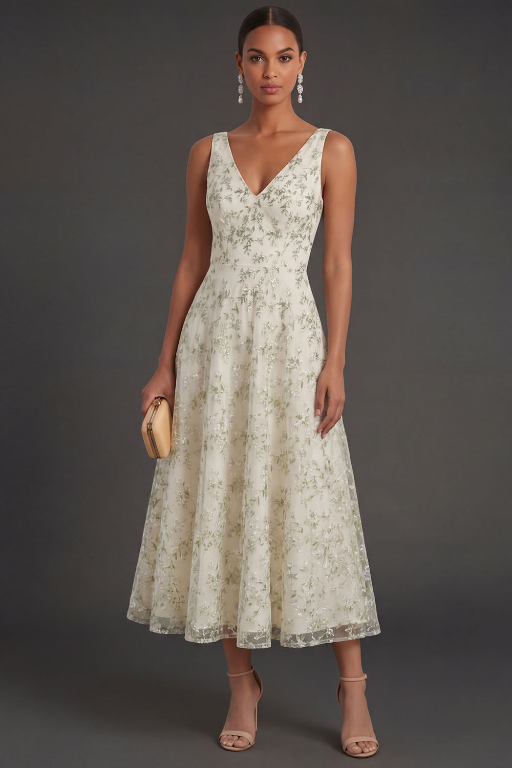 Leely Women Light Green Floral A Line Long Formal Dress V Neck Backless Sleeveless Wedding Guest Dress