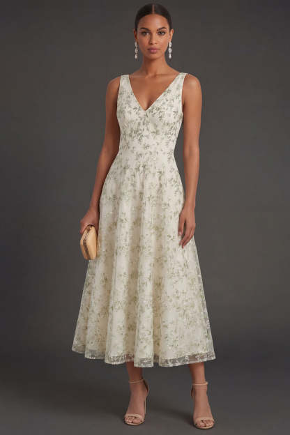 Leely Women Light Green Floral A Line Long Formal Dress V Neck Backless Sleeveless Wedding Guest Dress