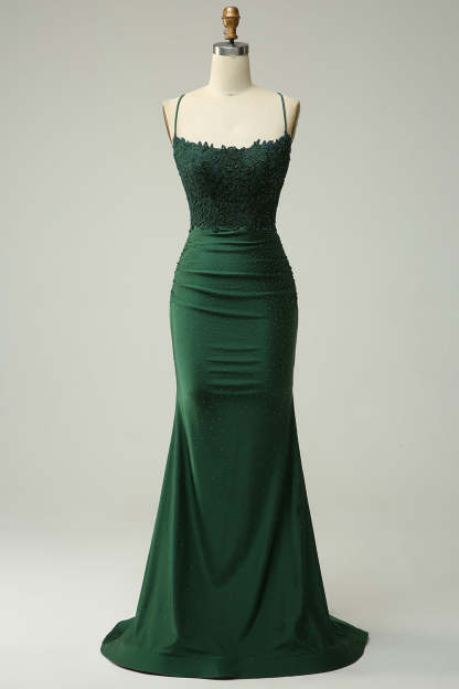 Dark Green Mermaid Beaded Long Prom Dress with Open Back