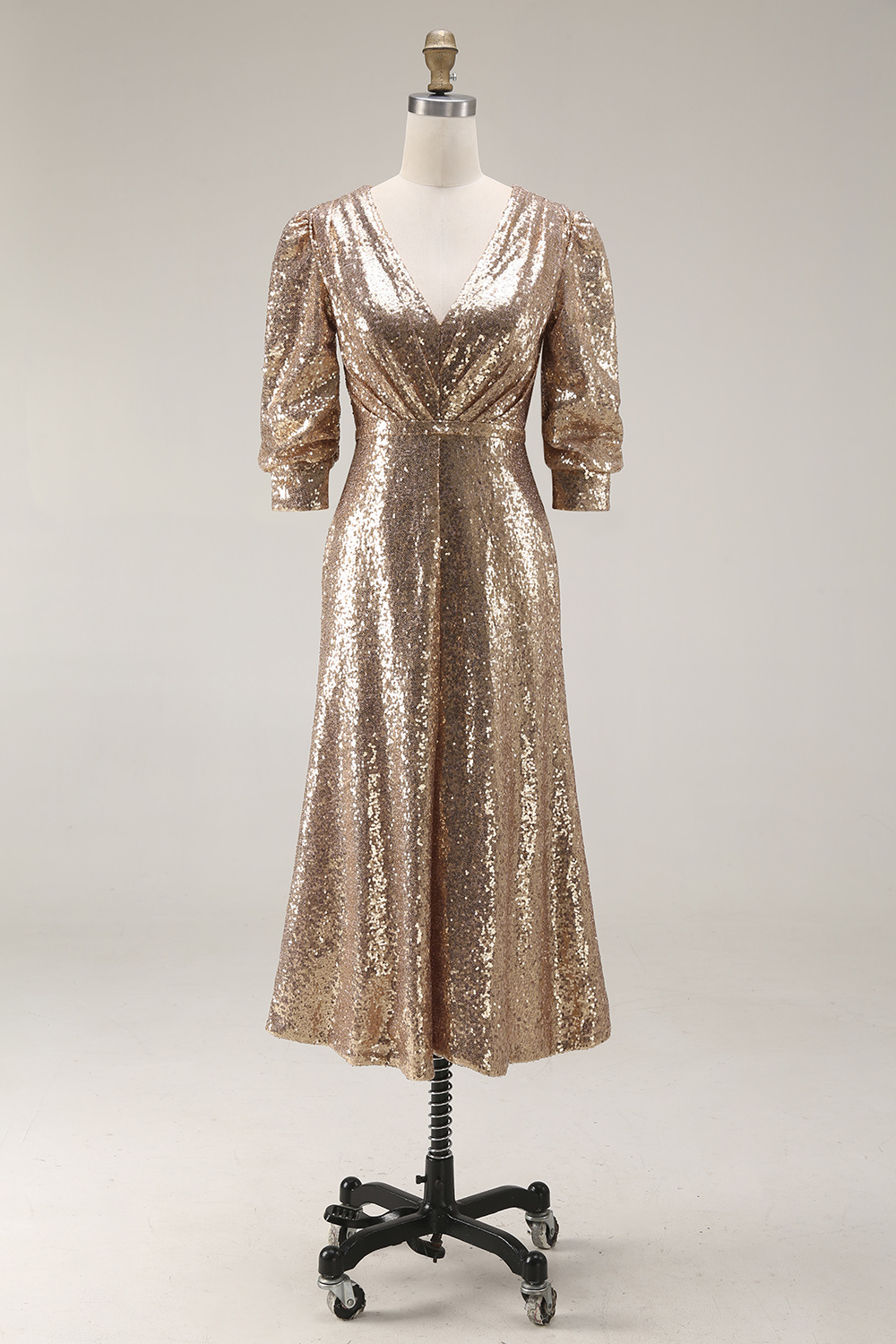 Sparkly Champagne Sequins V-Neck Long Evening Dress with Slit