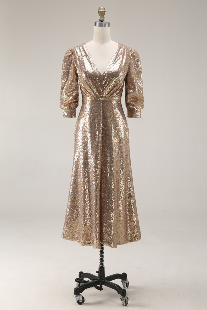 Sparkly Champagne Sequins V-Neck Long Evening Dress with Slit