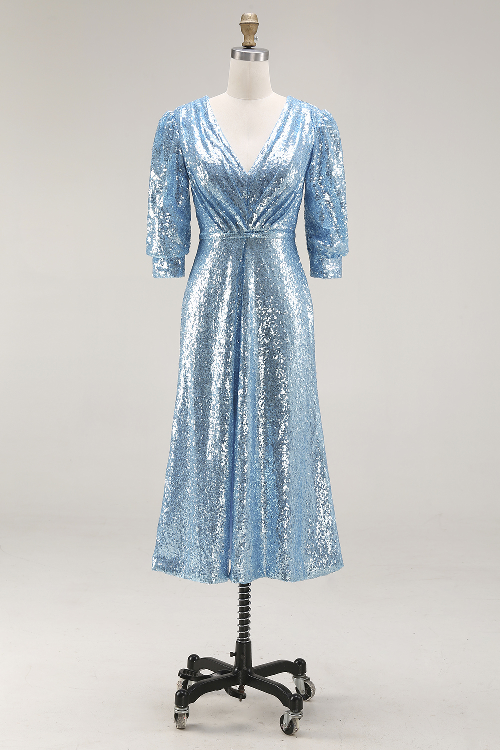 Sparkly Champagne Sequins V-Neck Long Evening Dress with Slit