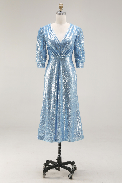 Sparkly Champagne Sequins V-Neck Long Evening Dress with Slit