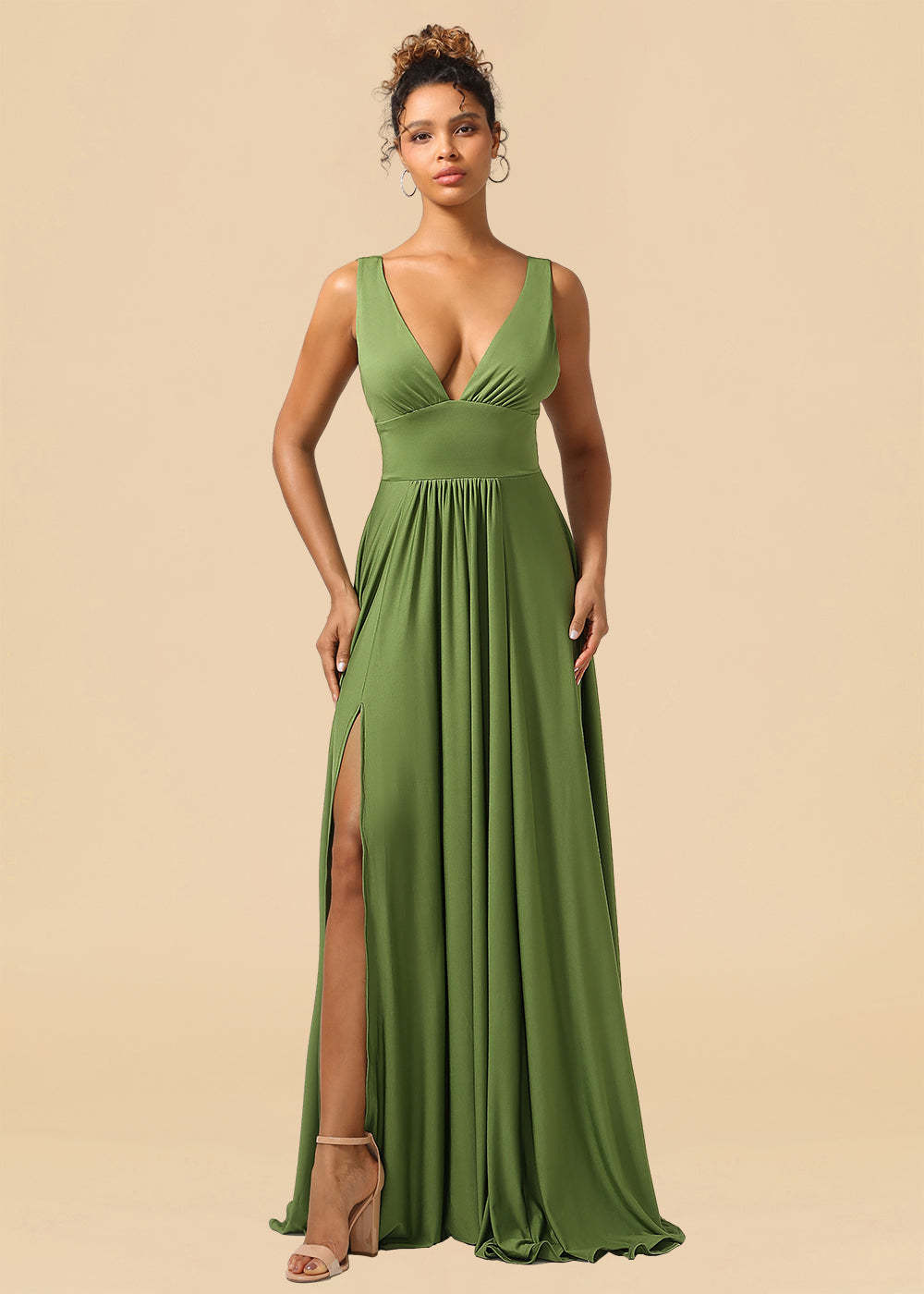 Deep V-neck Spandex A-line Maxi Bridesmaid Dress with Slit