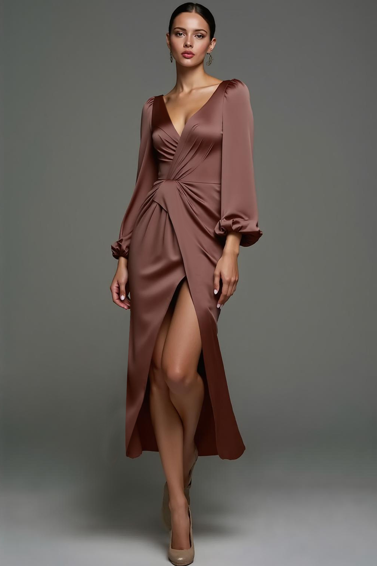 Leely Women Desert Rose Long Formal Dress V Neck Long Sleeves Sheath Evening Dress with Slit