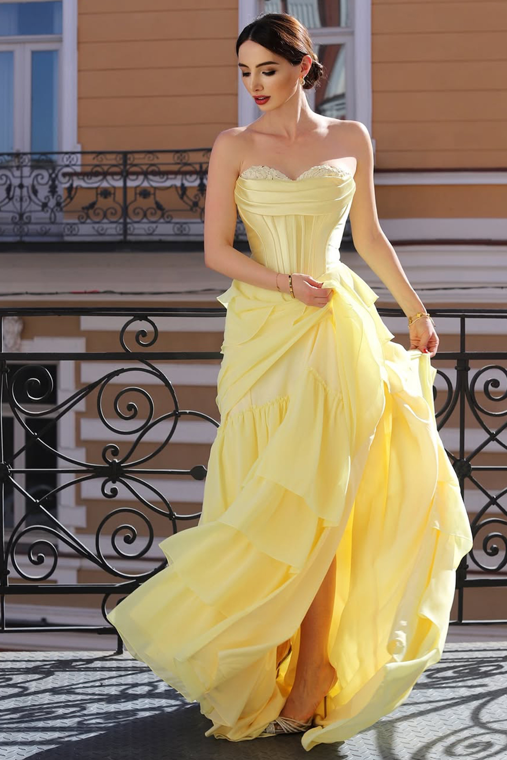 Yellow Sweetheart Corset Tiered A-Line Prom Dress with Slit
