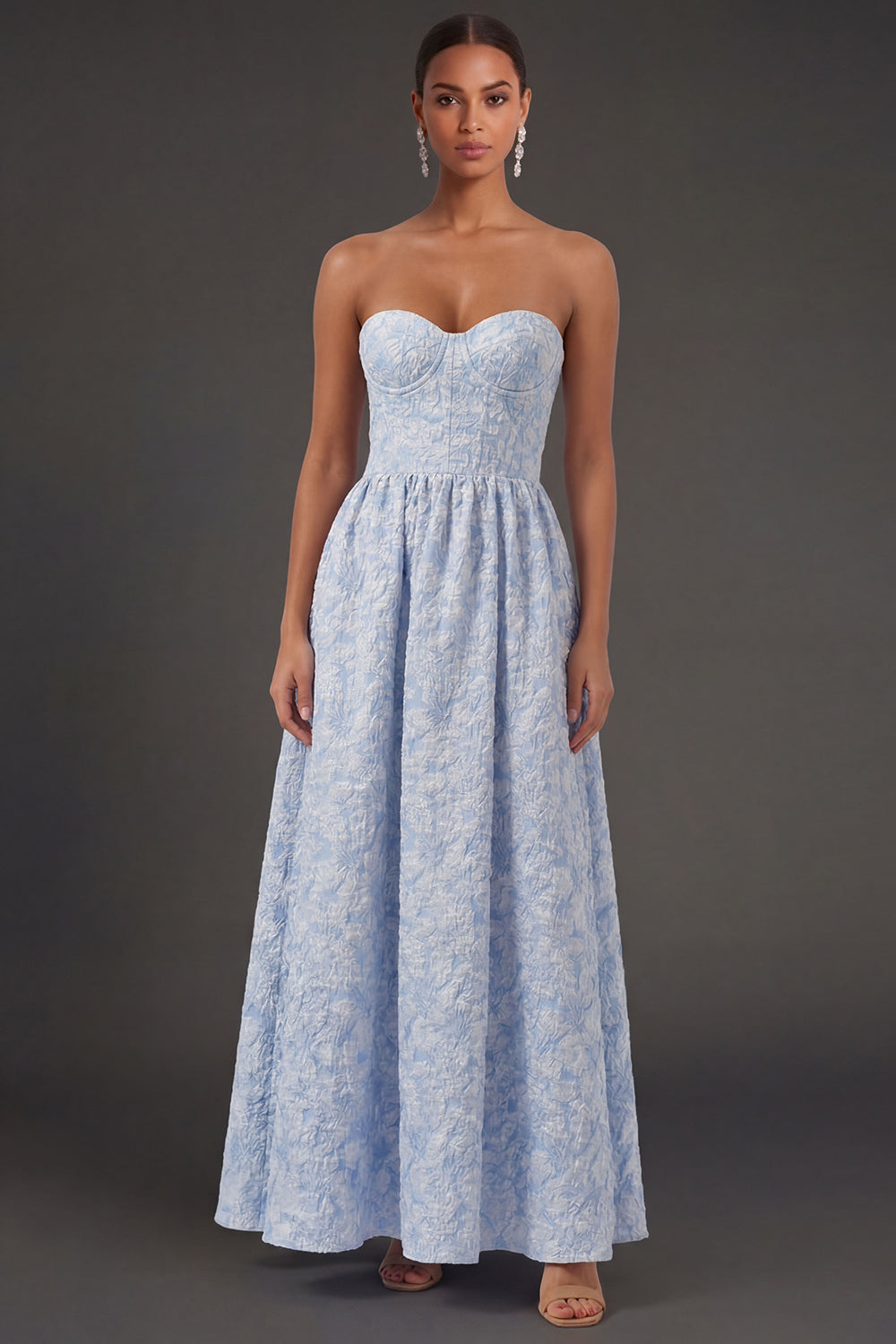 Blue Jacquard A Line Strapless Floral Long Formal Dress