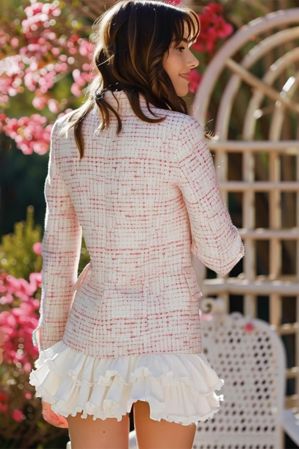 Light Pink Plaid 2 Piece Notched Lapel Ruffled Tweed Homecoming Outfits