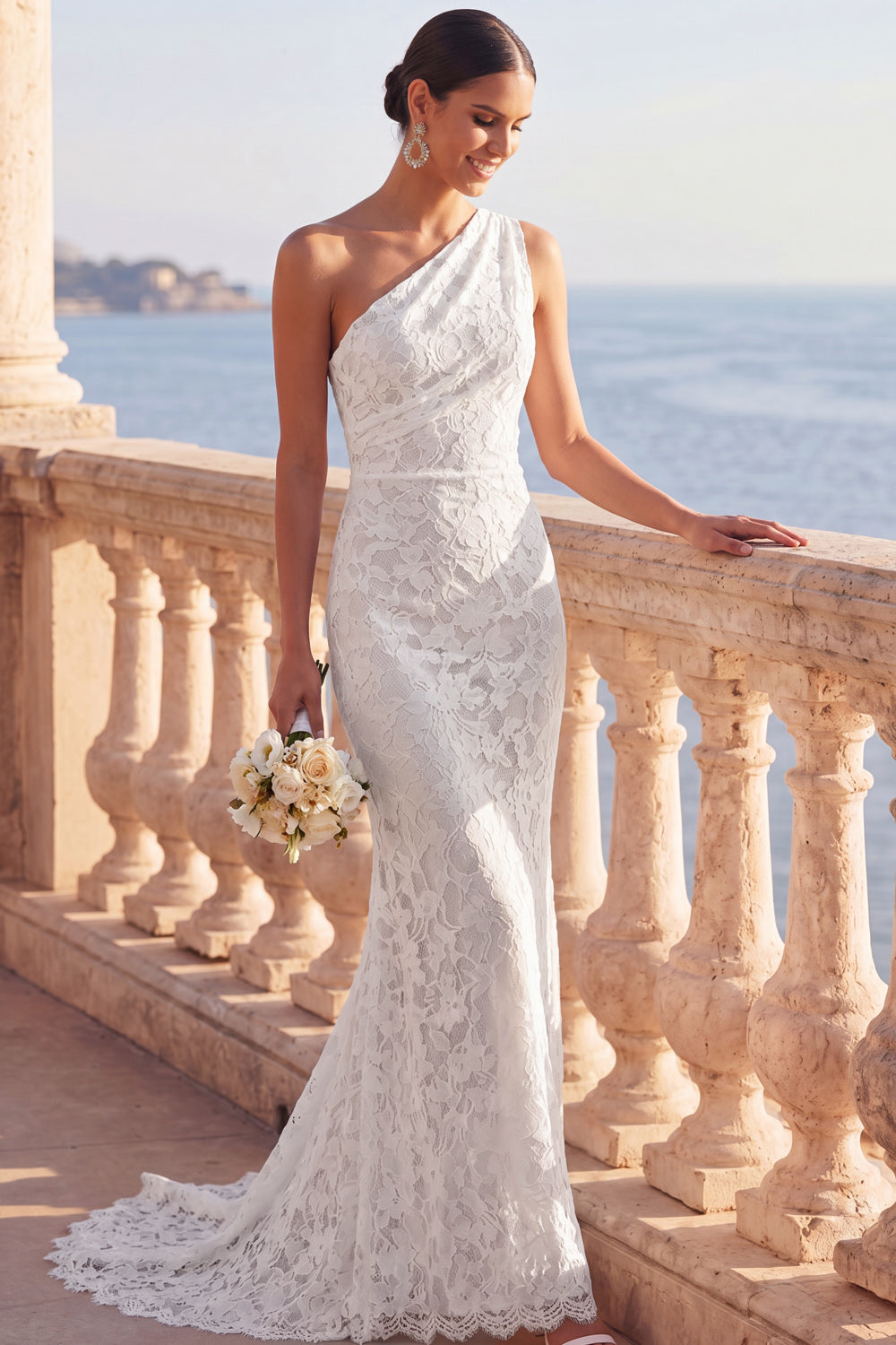 White Lace Floral One Shoulder Sweep Train Wedding Dress