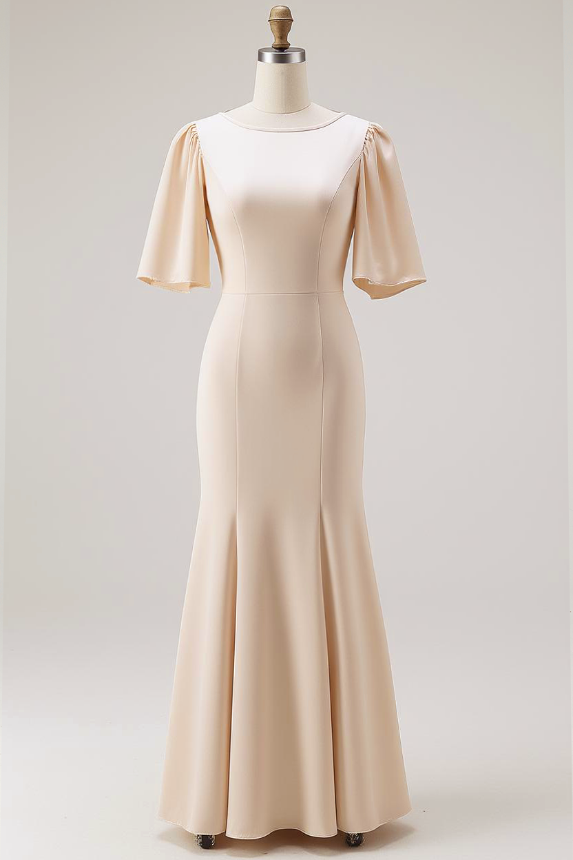 Champagne Round Neck Satin Maxi Bridesmaid Dress with Sleeves