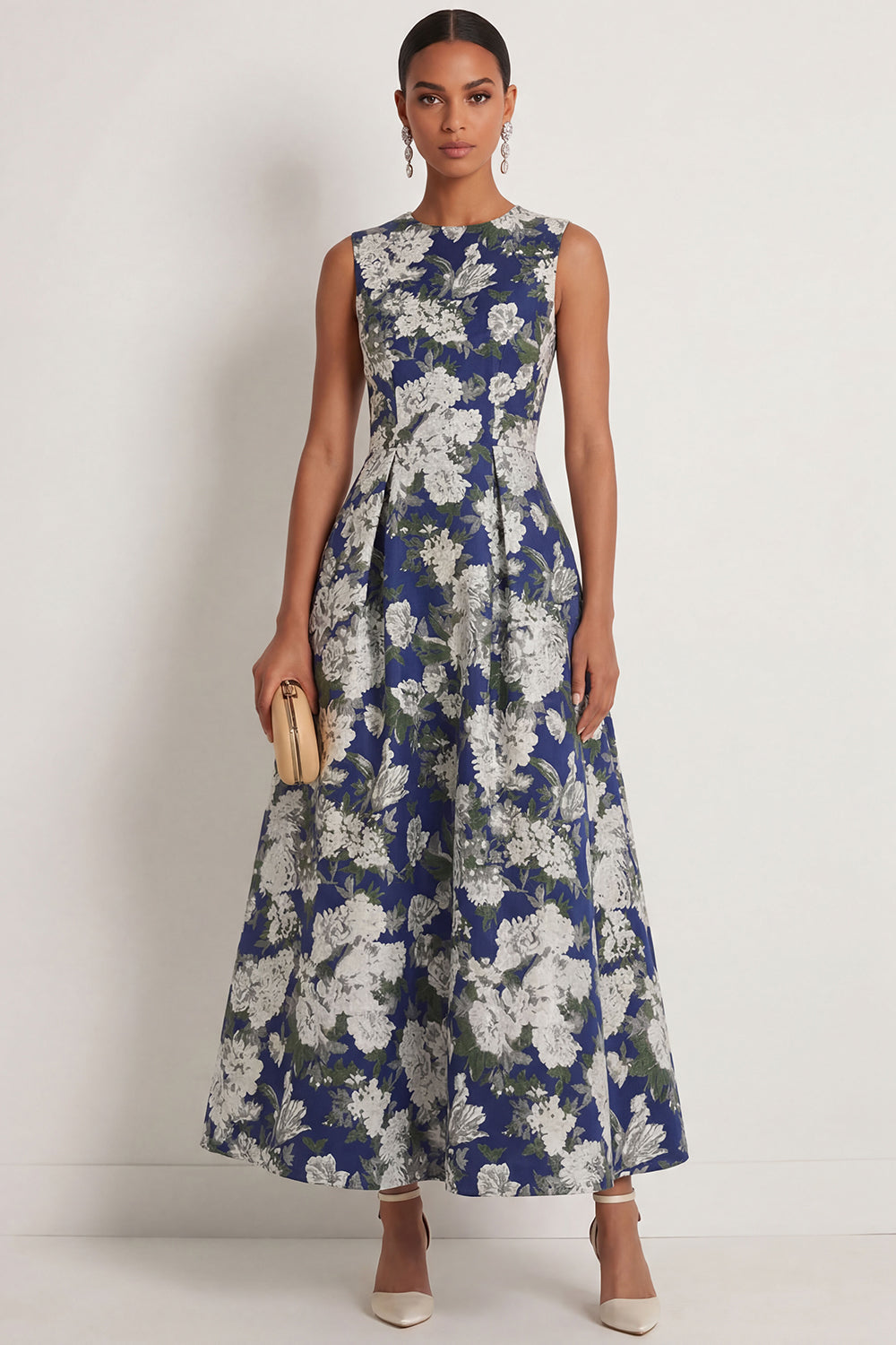 Floral Navy A Line Round Neck Long Formal Dress