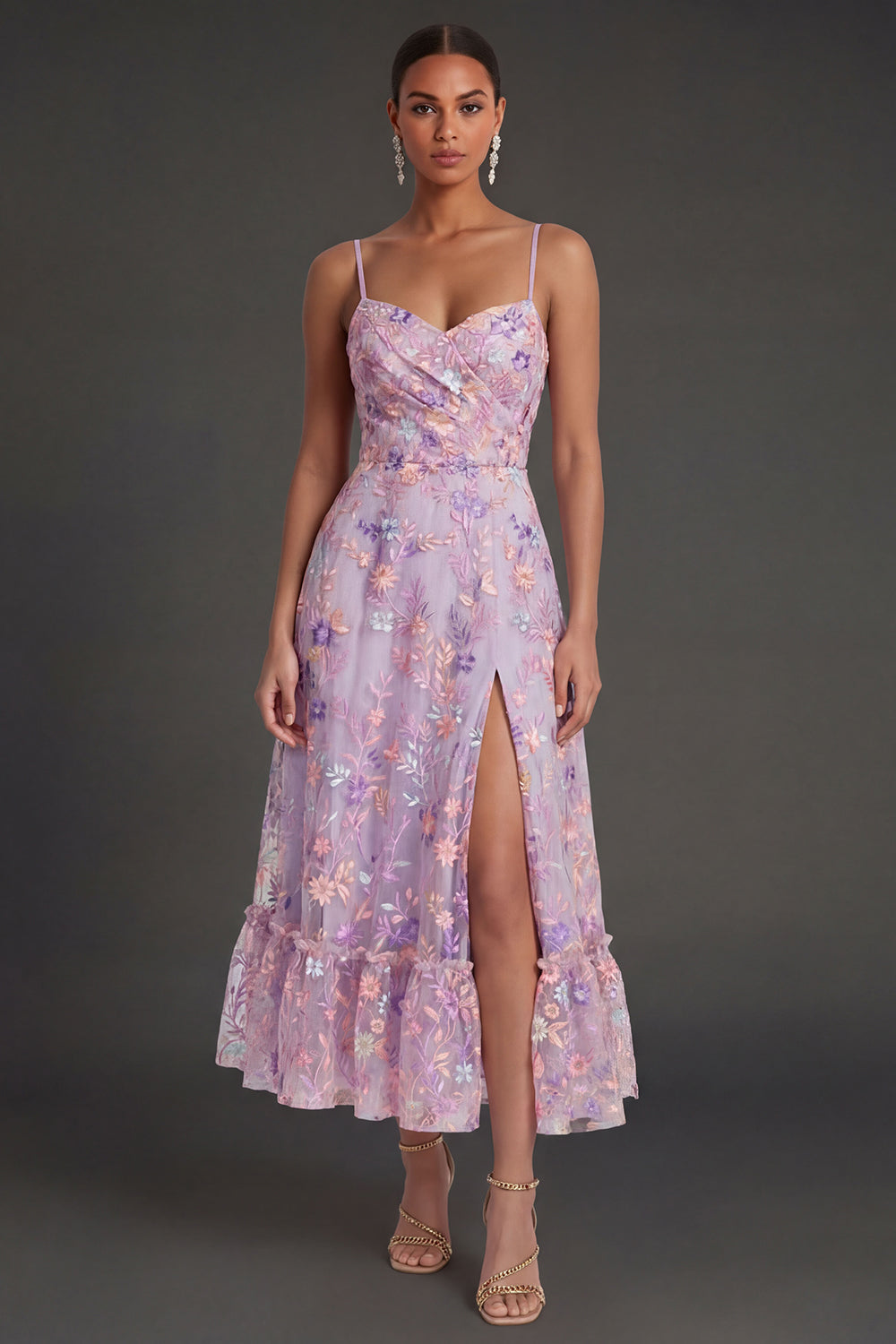 Lilac A Line Spaghetti Straps Embroidered Floral Long Formal Dress