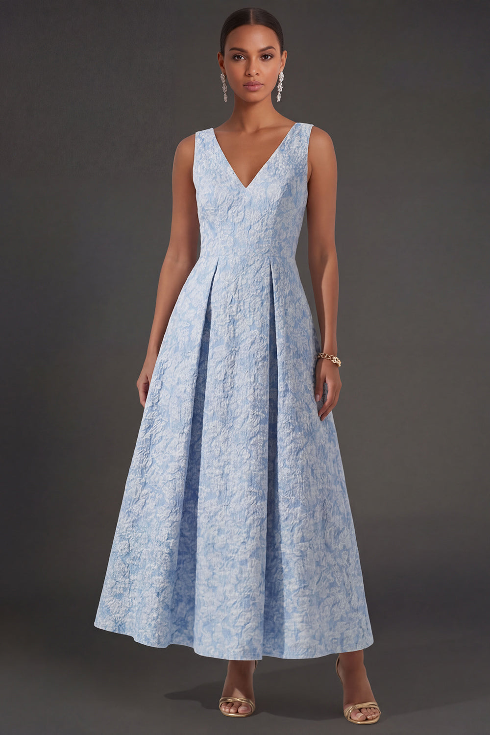 Blue Jacquard Floral A Line V Neck Long Formal Dress