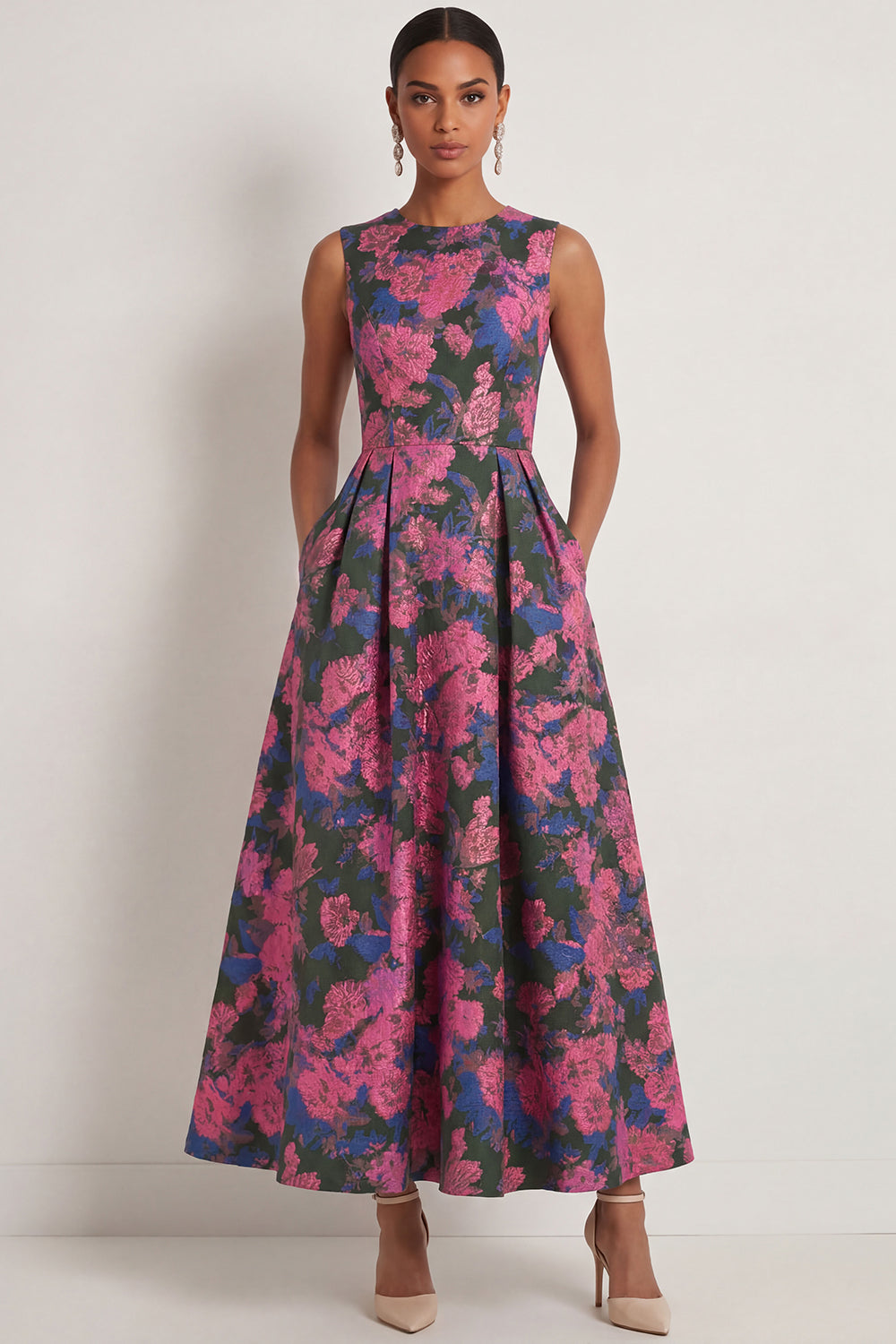 Leely Women A Line Fuchsia Floral Long Formal Dress Round Neck Sleeveless Wedding Guest Dress