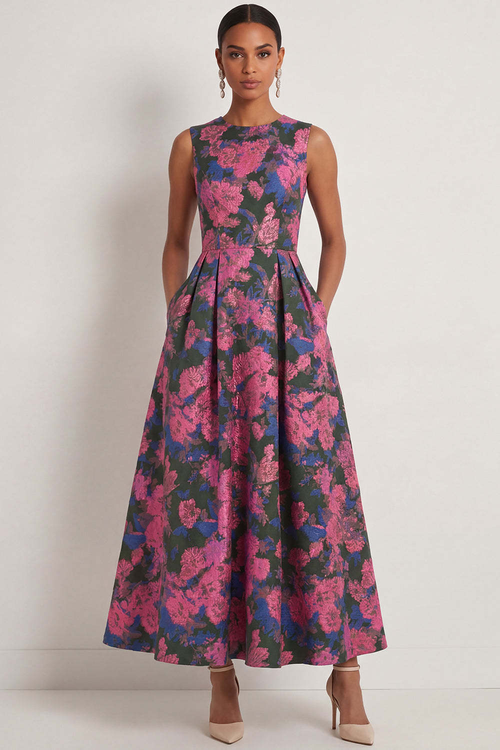 Leely Women A Line Fuchsia Floral Long Formal Dress Round Neck Sleeveless Wedding Guest Dress