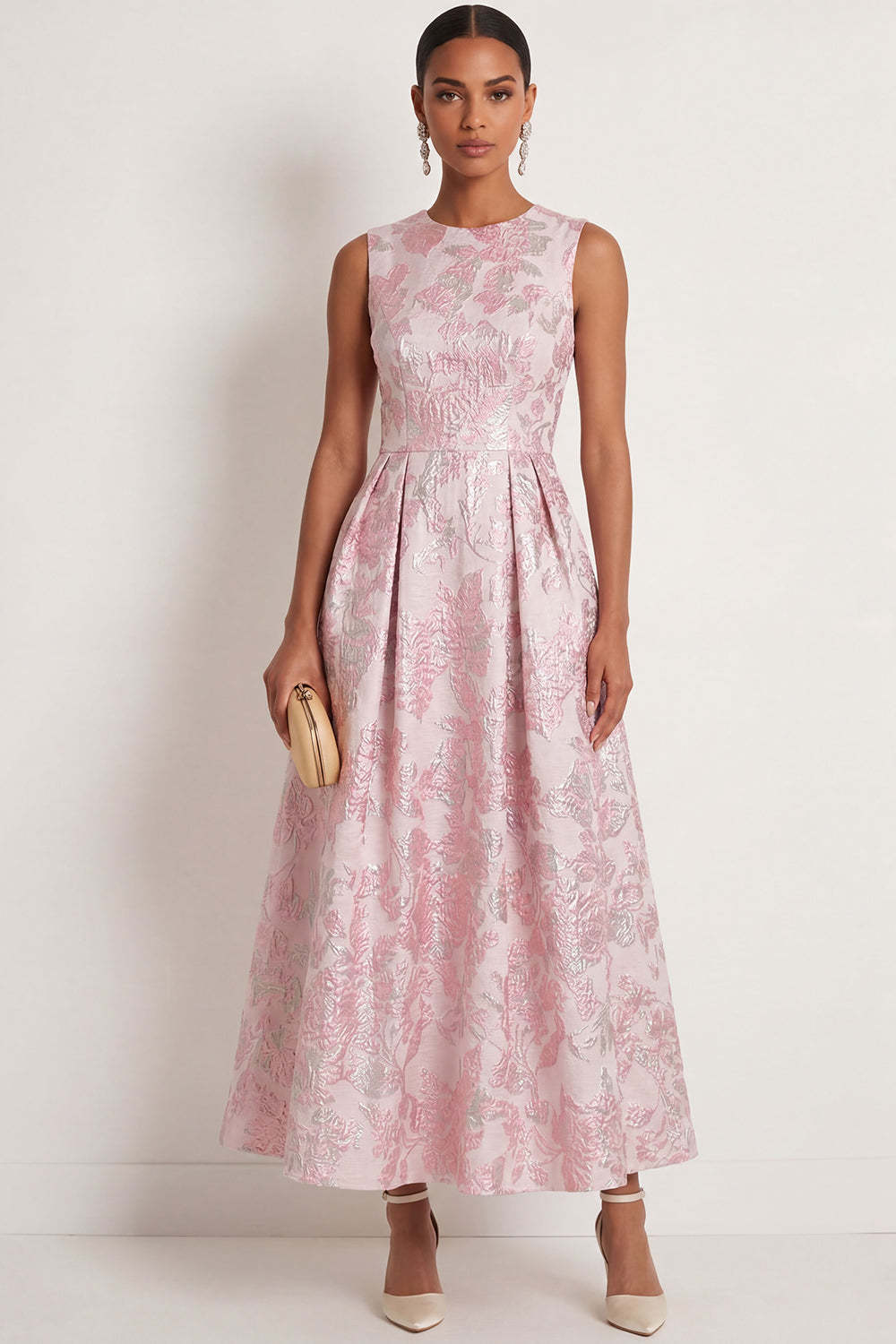 Leely Women A Line Ivory Pink Floral Round Neck Long Formal Dress Jacquard Sleeveless Evening Dress