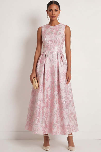 Leely Women A Line Ivory Pink Floral Round Neck Long Formal Dress Jacquard Sleeveless Evening Dress