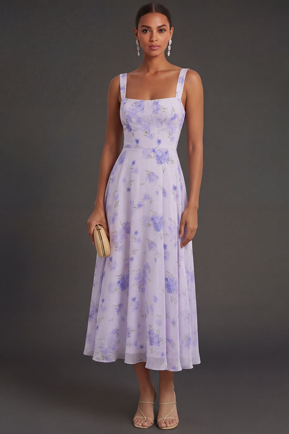 Floral Lilac A Line Thick Straps Sleeveless Backless Long Formal Dress