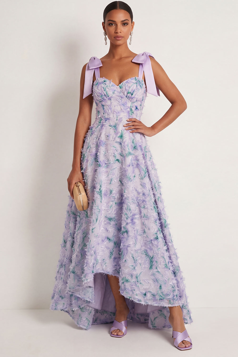 Light Purple Floral Thick Straps High Low Wedding Guest Dress with Bow