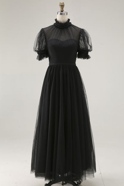 Black High Neck A Line Long Evening Dress with Pockets