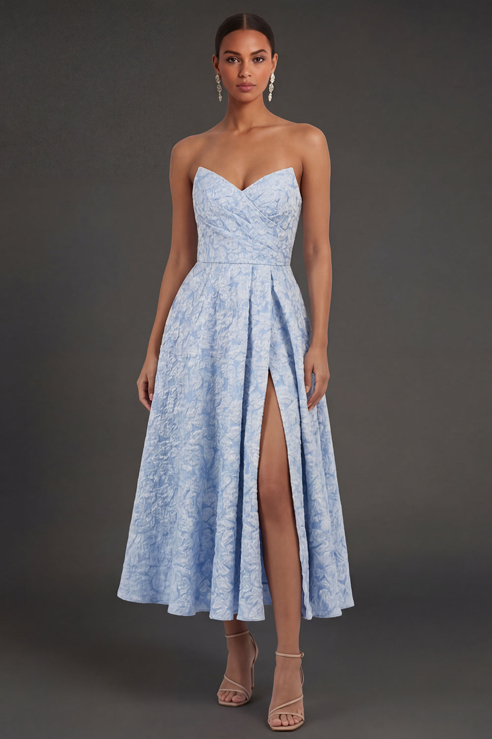 Leely Women Blue Jacquard Floral A Line Long Formal Dress with Slit Sweetheart Backless Sleeveless Evening Dress