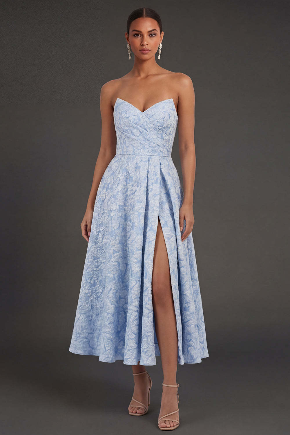 Leely Women Blue Jacquard Floral A Line Long Formal Dress with Slit Sweetheart Backless Sleeveless Evening Dress