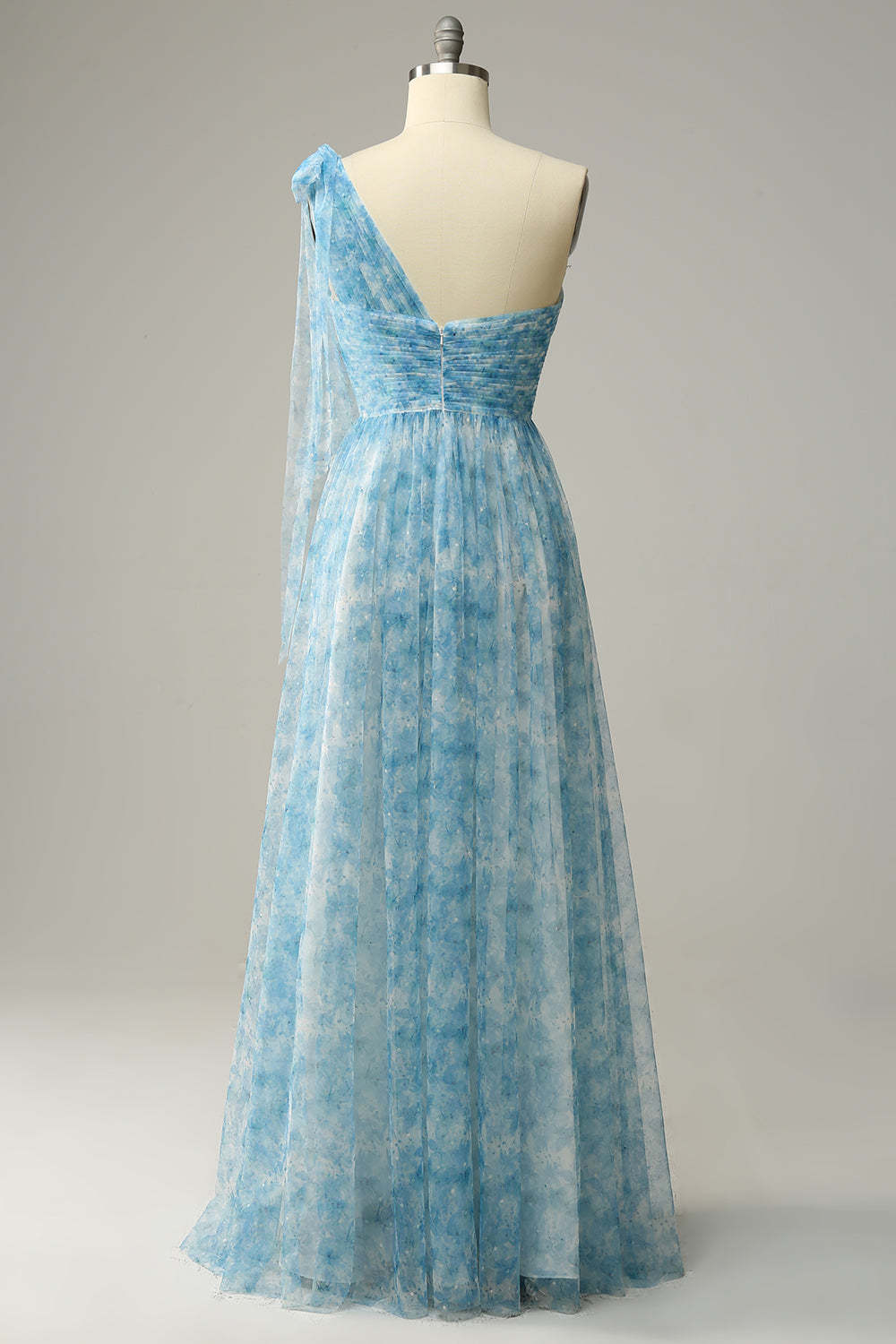 Red A Line One Shoulder Print Long Tulle Bridesmaid Dress