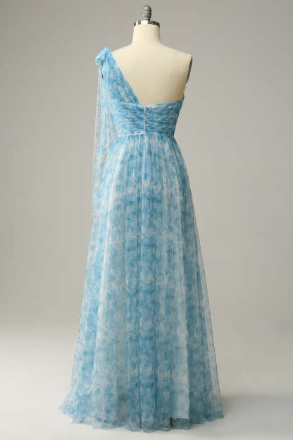 Red A Line One Shoulder Print Long Tulle Bridesmaid Dress