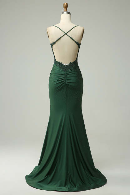 Dark Green Mermaid Beaded Long Prom Dress with Open Back