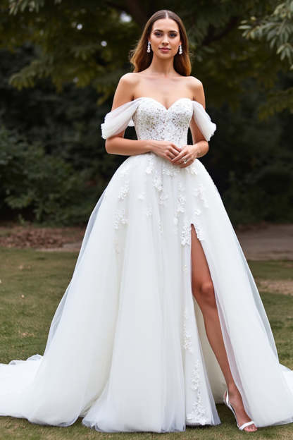 Leely Women White Ball Gown Sweep Train Wedding Dress with Appliques Backless Tulle Off the Shoulder Bridal Dress with Slit