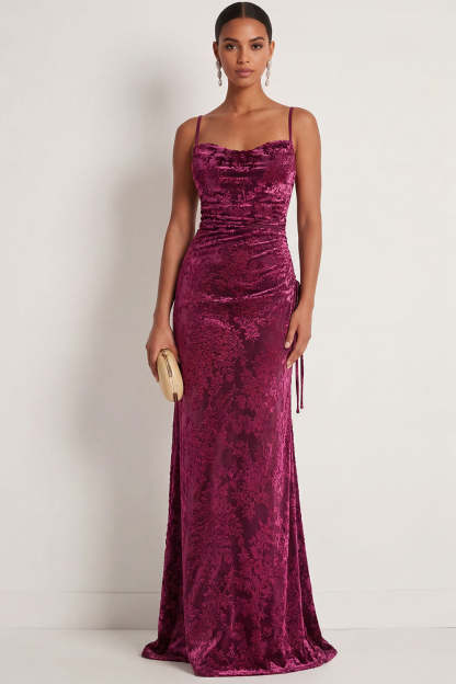 Leely Women Sheath Dark Green Spaghetti Straps Maxi Formal Dress Backless Sleeveless Velvet Wedding Guest Dress