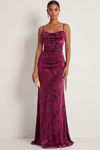 Dark Green Sheath Spaghetti Straps Maxi Velvet Bridesmaid Dress