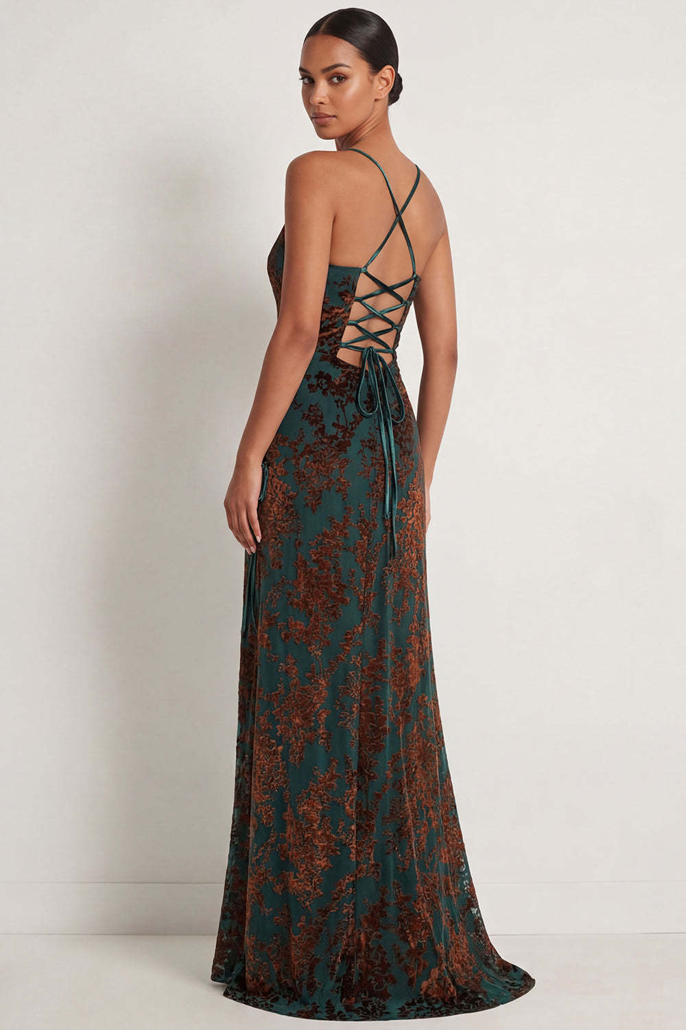 Sheath Dark Green Spaghetti Straps Maxi Velvet Formal Dress