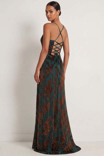 Sheath Dark Green Spaghetti Straps Maxi Velvet Formal Dress