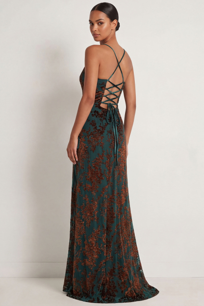 Dark Green Sheath Spaghetti Straps Maxi Velvet Bridesmaid Dress
