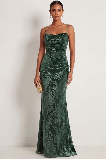 Sheath Dark Green Spaghetti Straps Maxi Velvet Formal Dress