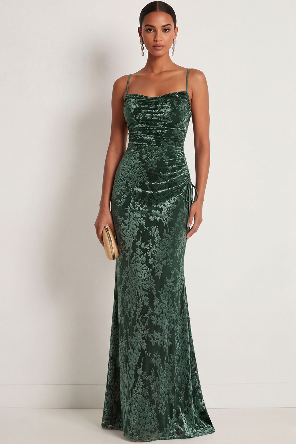 Dark Green Sheath Spaghetti Straps Maxi Velvet Bridesmaid Dress
