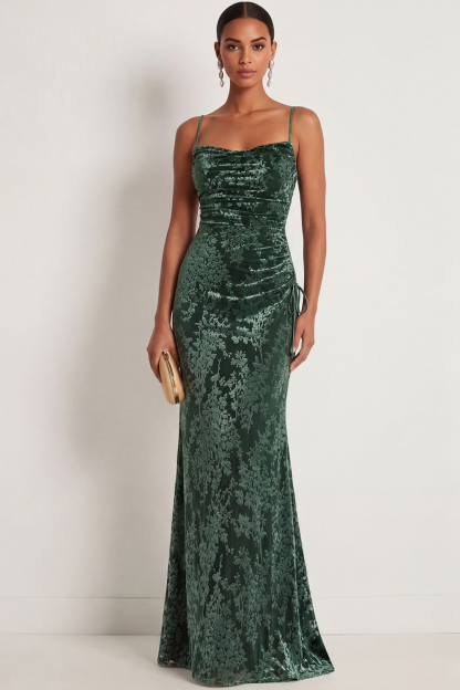 Dark Green Sheath Spaghetti Straps Maxi Velvet Bridesmaid Dress