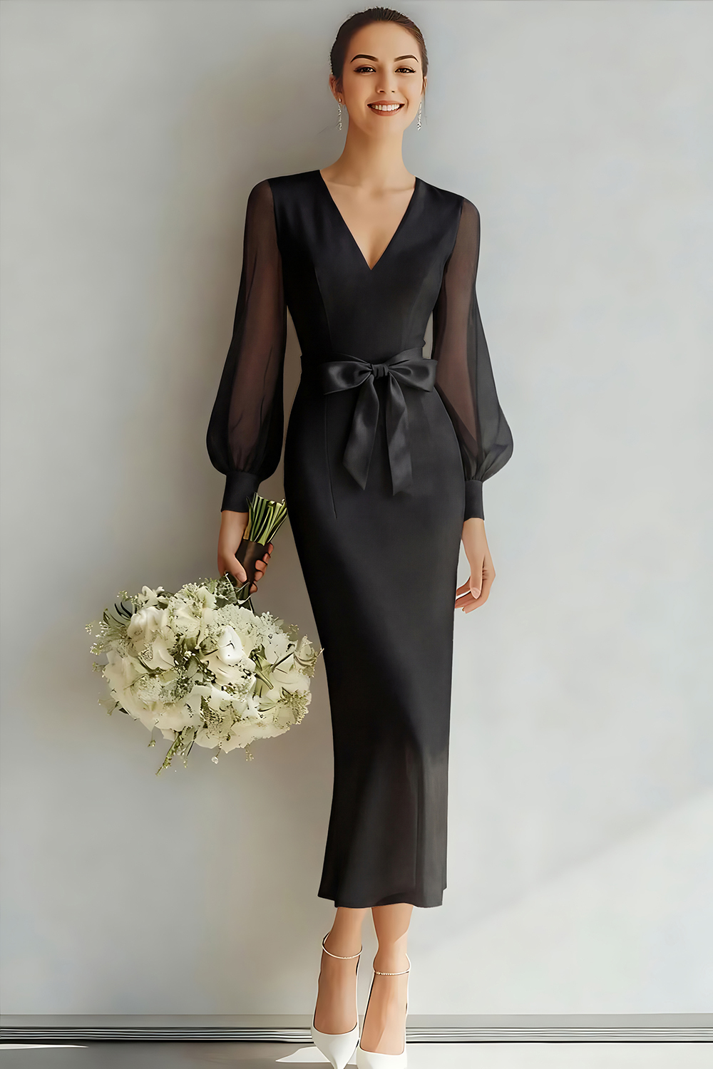 White V-Neck Sheath Long Sleeves Wedding Dress with Bow