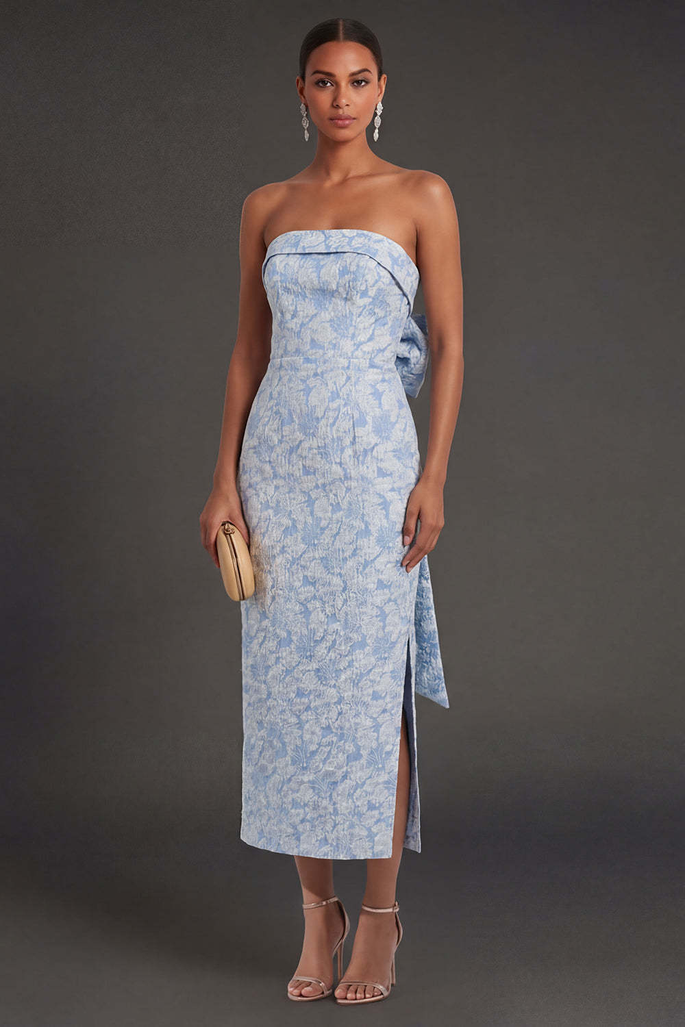 Leely Women Sheath Blue Jacquard Floral Long Formal Dress with Slit Strapless Backless Sleeveless Evening Dress