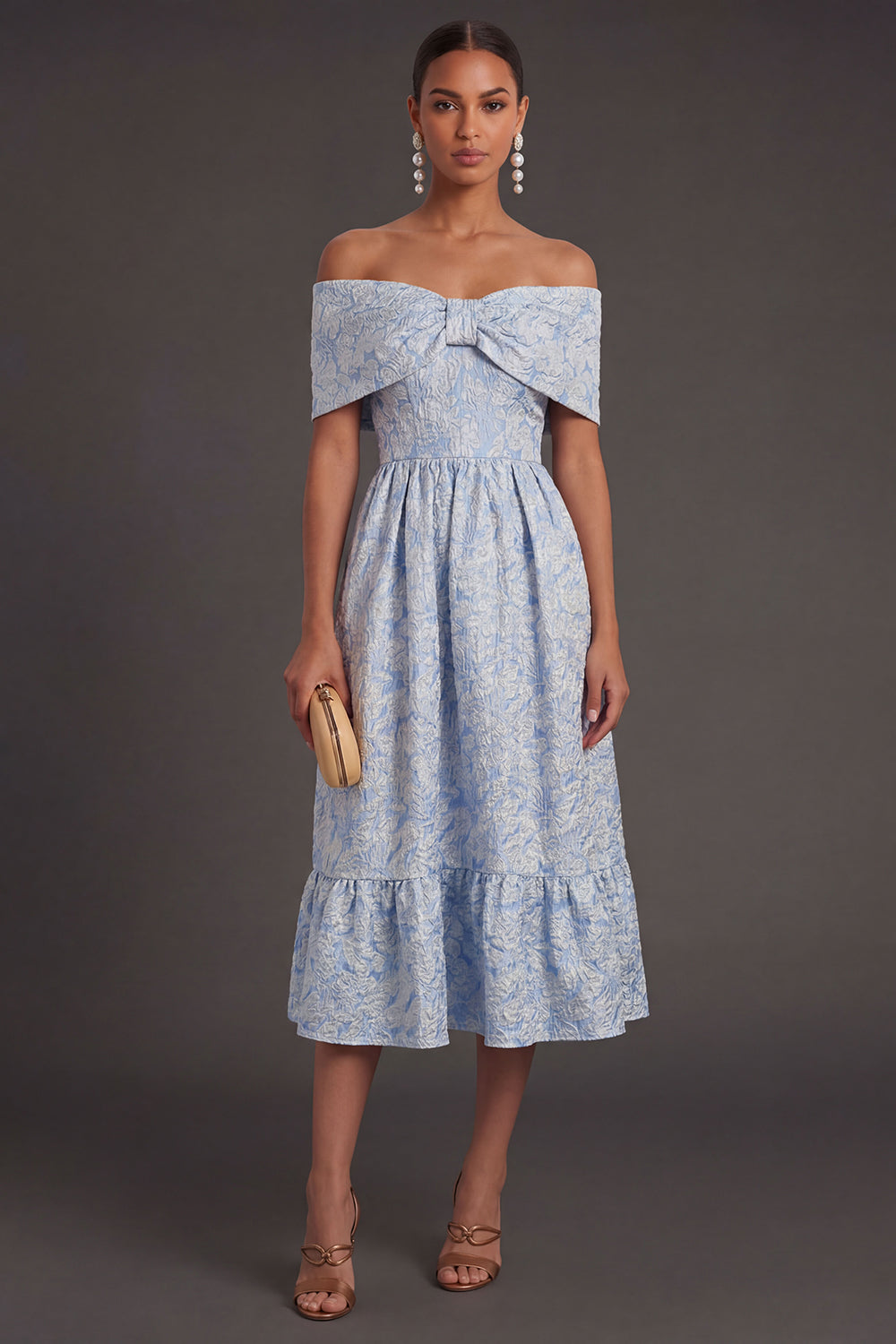 Leely Women Blue Jacquard A Line Floral Long Formal Dress Off the Shoulder Backless Sleeveless Evening Dress