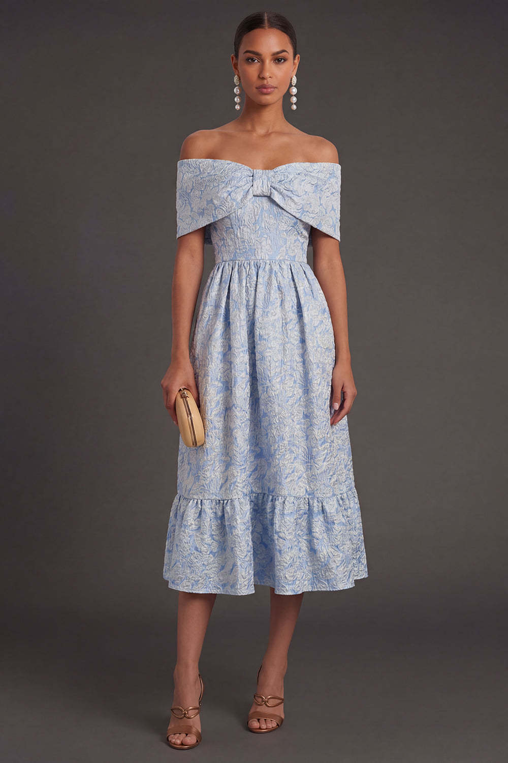 Leely Women Blue Jacquard A Line Floral Long Formal Dress Off the Shoulder Backless Sleeveless Evening Dress