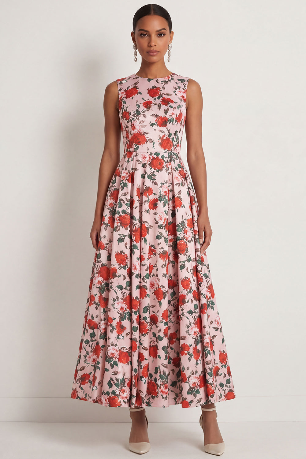 A Line Pink Red Floral Round Neck Long Formal Dress
