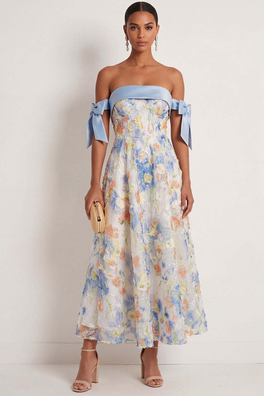 Leely Women Light Blue A Line Floral Long Wedding Guest Dress Appliqued Off the Shoulder Sleeveless Formal Dress with Bow